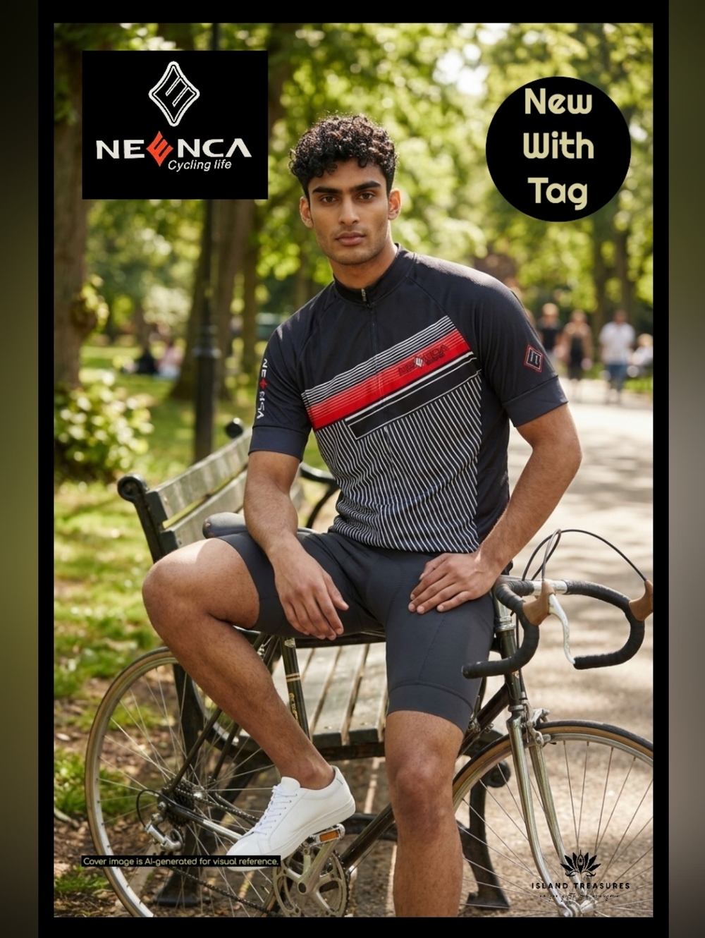 NWT NEENCA Sz Large Men Pro Cycling Jersey Navy/Red Full Zip Three Deep Pockets